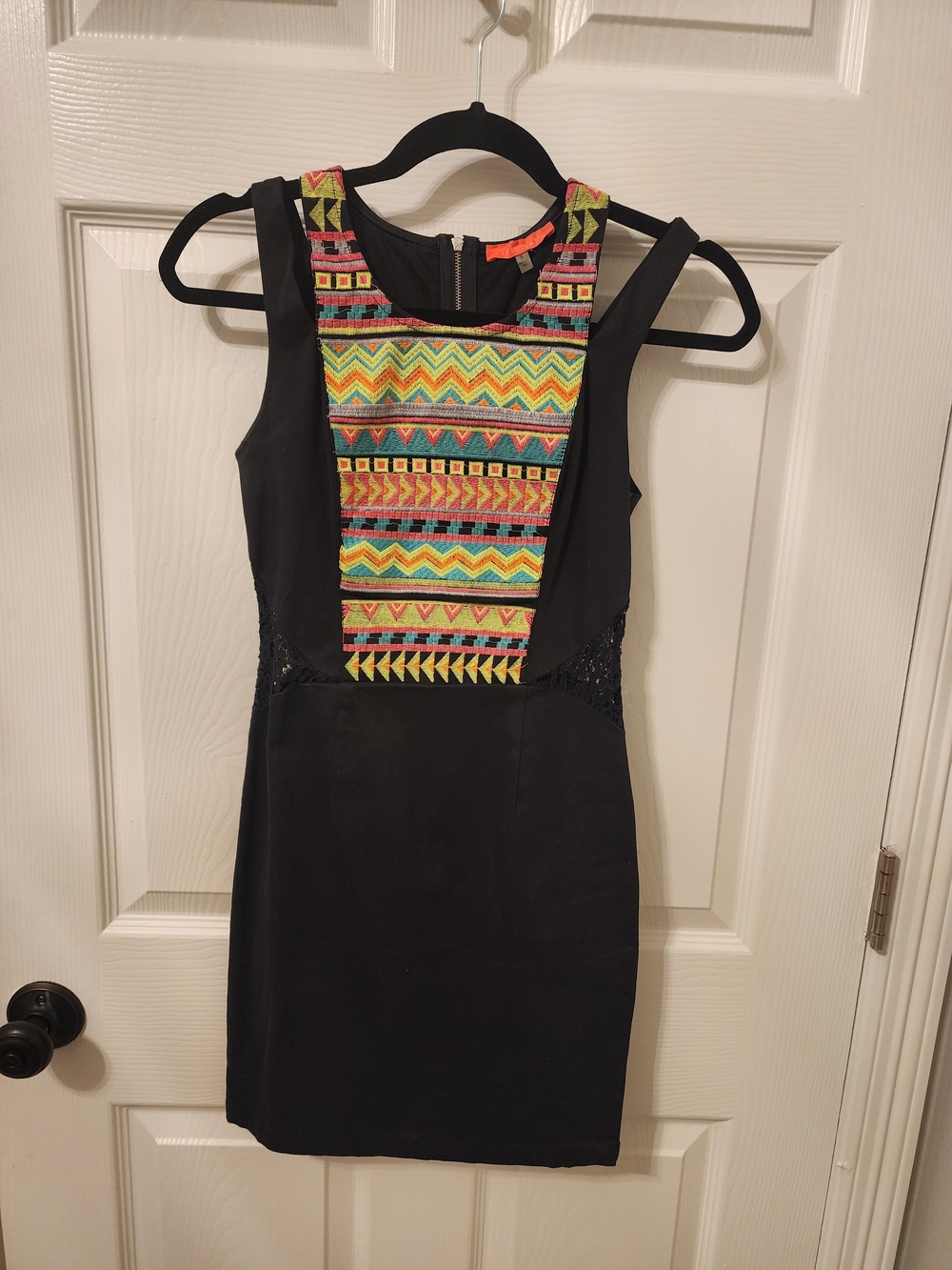 Lulumari Black Dress with Neon Embroidered Geometric Panel And Lace Cutouts Sz S